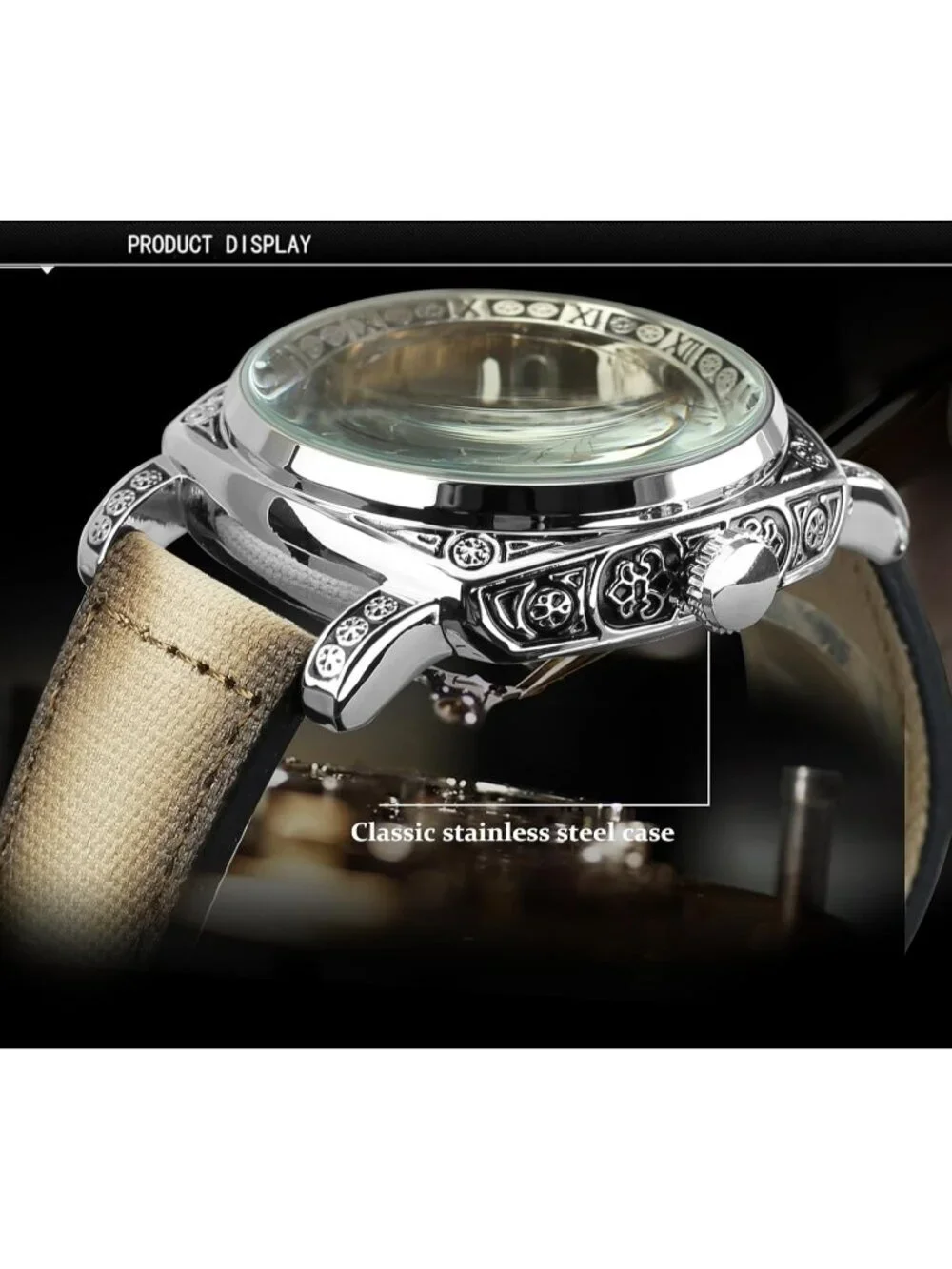 Men's Beige Brown Mechanical Leather Strap Self-Wind Carved Automatic Watch